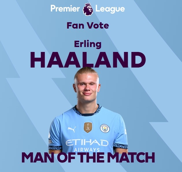 打進(jìn)致勝球！英超官方：哈蘭德當(dāng)選曼城1-0熱刺全場最佳球員