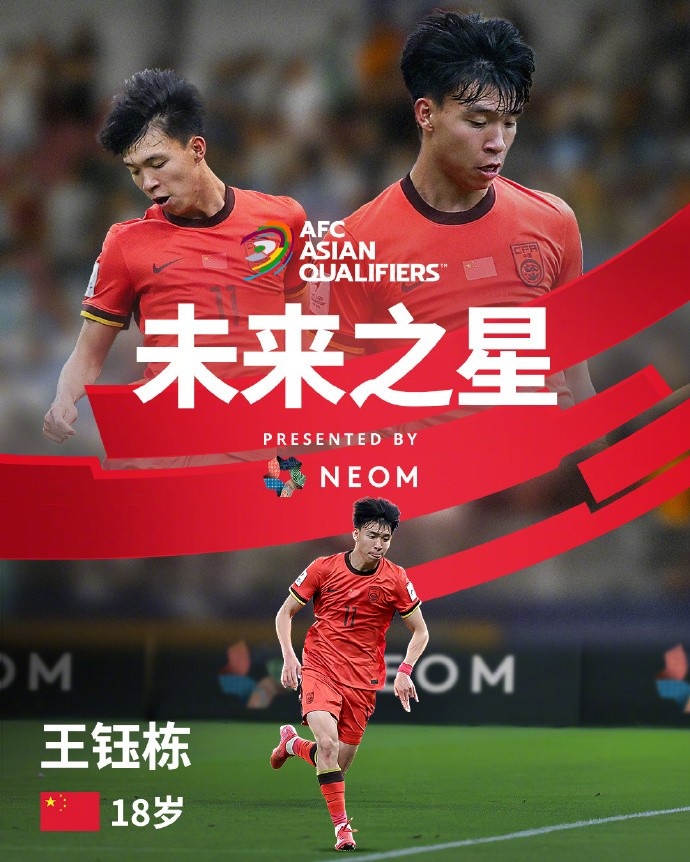 亞洲杯官方社媒發(fā)布王鈺棟個人海報：青年軍的旗幟，飄揚在前哨